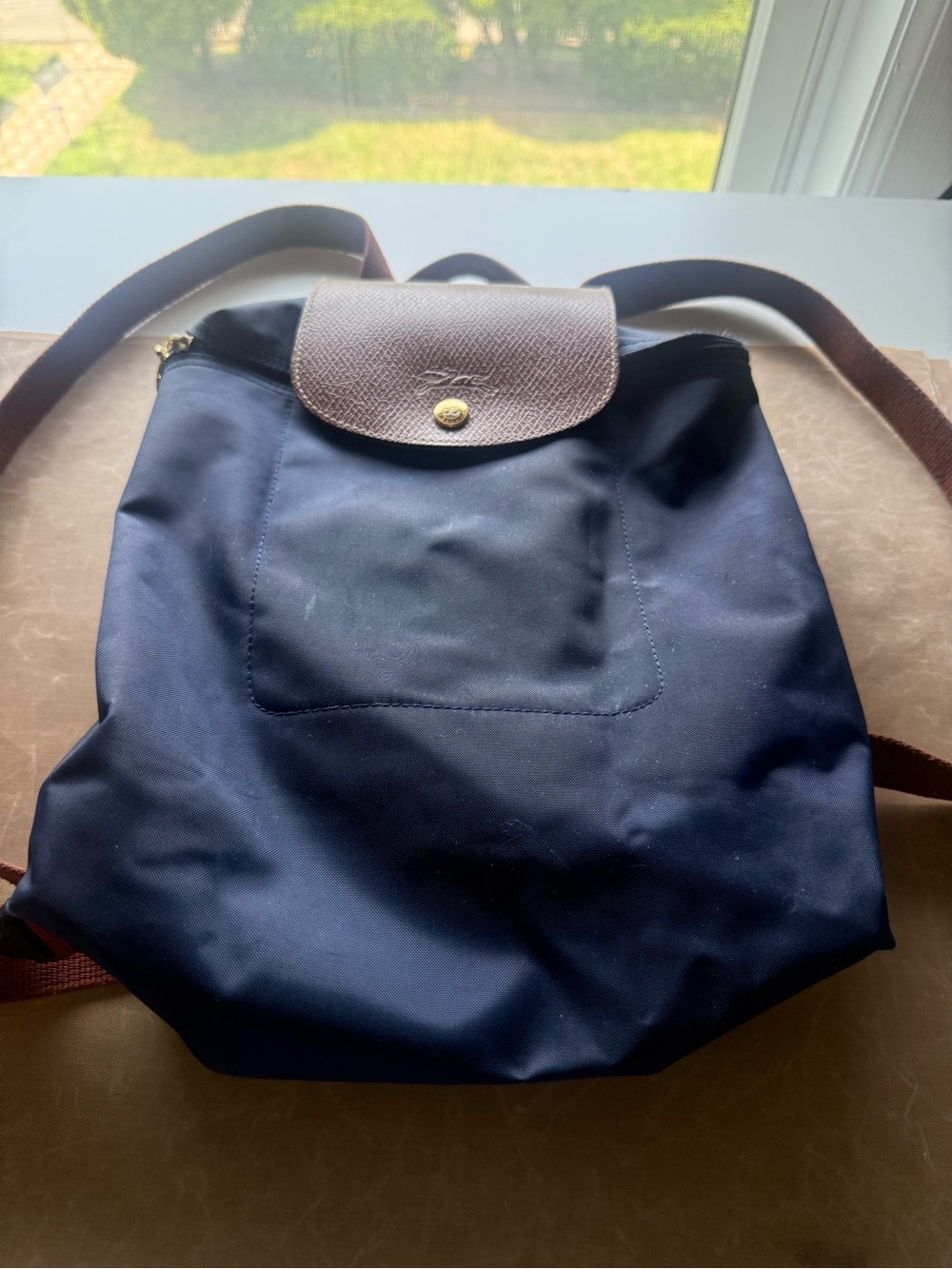 Longchamp Navy Nylon Backpack with Brown Leather Flap